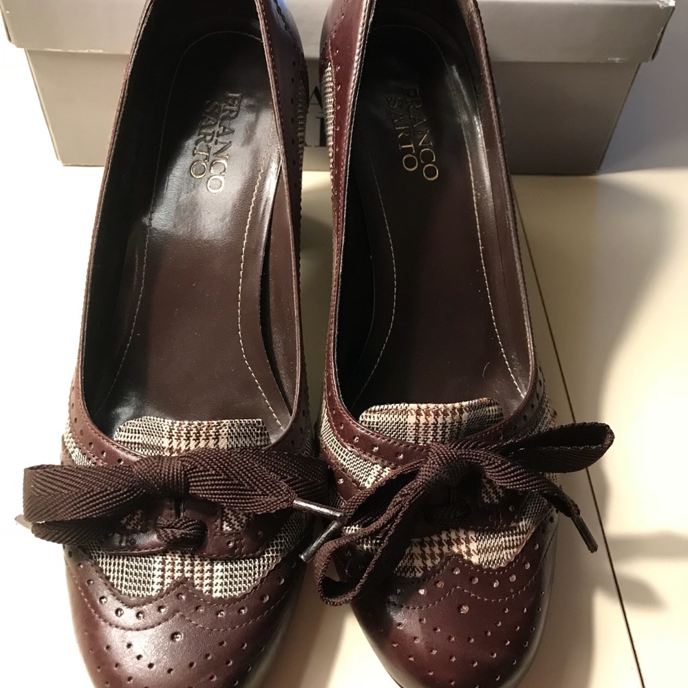 Franco Sarto chocolate leather and plaid heels